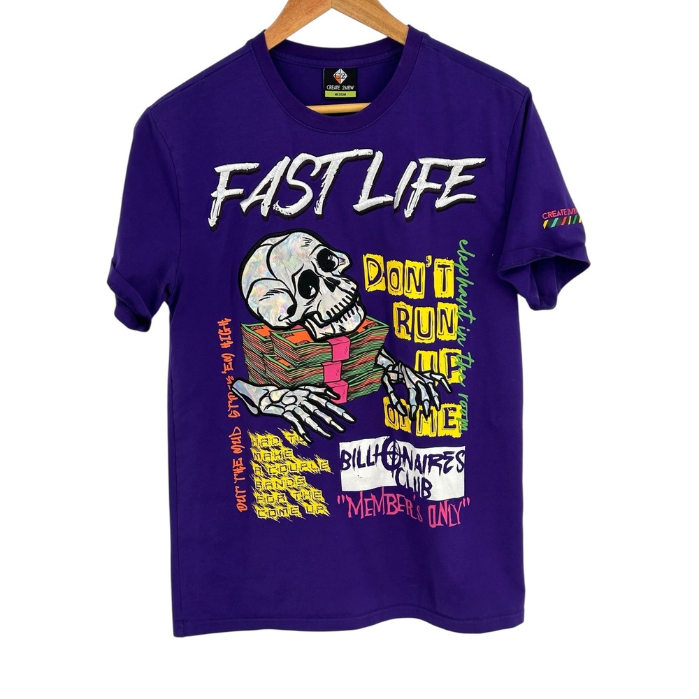 CREATE 2MRW Fast Life Skull Money Graphic T Shirt Men's Medium Purple‎